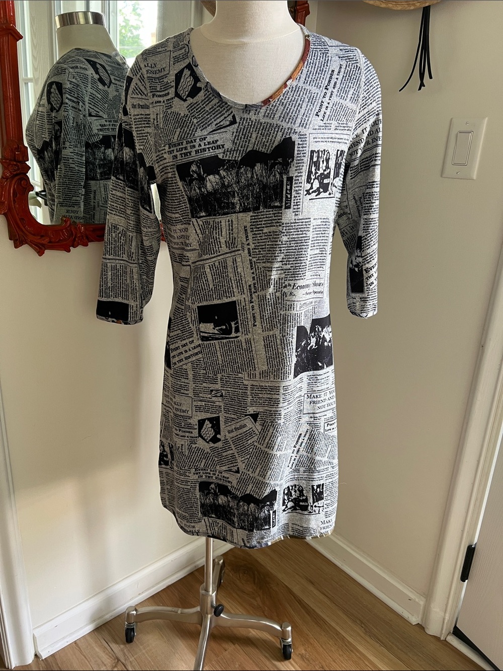 Reversible Gray Newspaper Print to Abstract Print   Shift Dress -